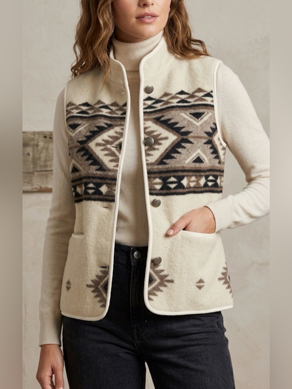 Orvis Cream & Brown Southwestern Aztec Patterned Fleece Vest Size Small
